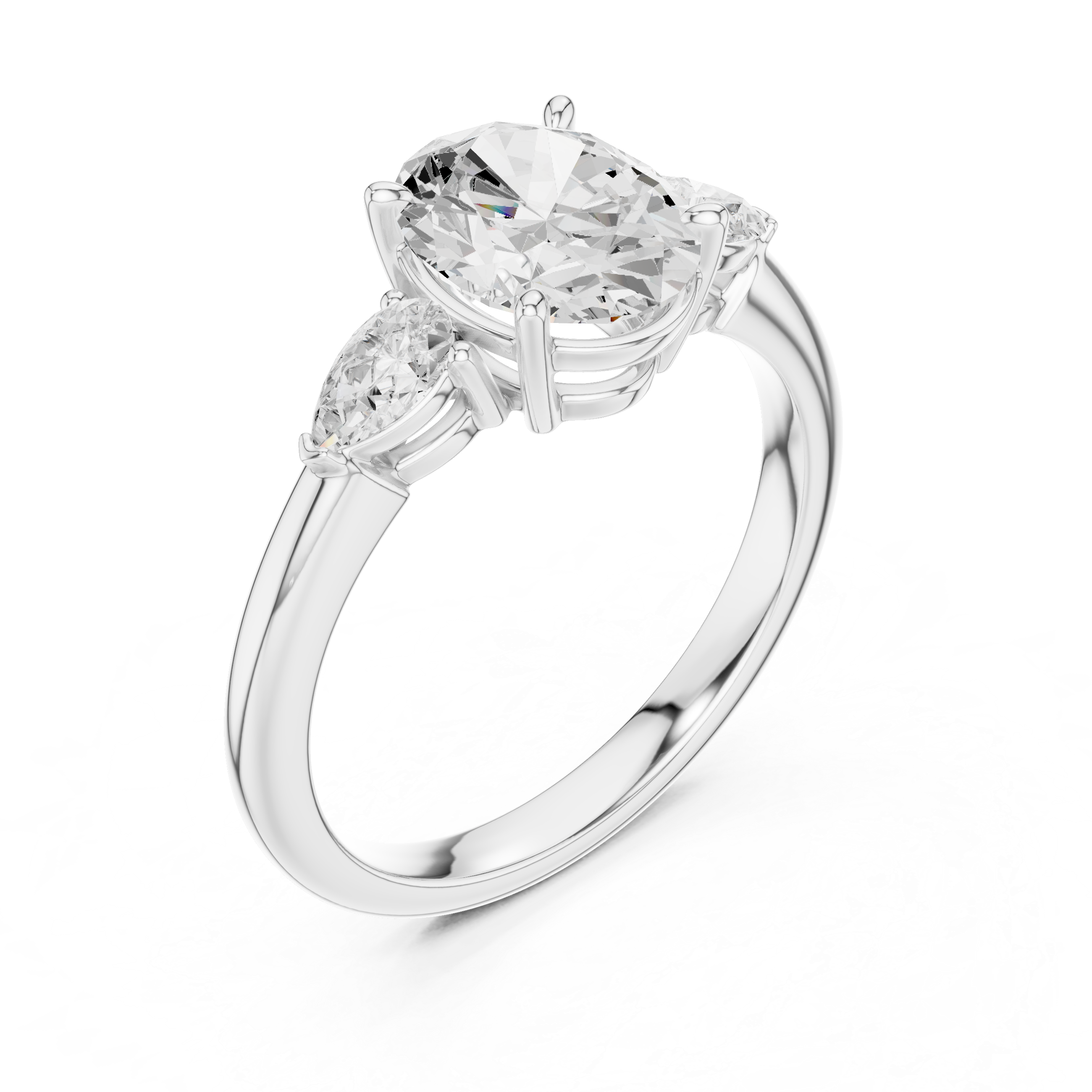 Oval Cut Three Stone Diamond Engagement Ring with Pear Side Stones