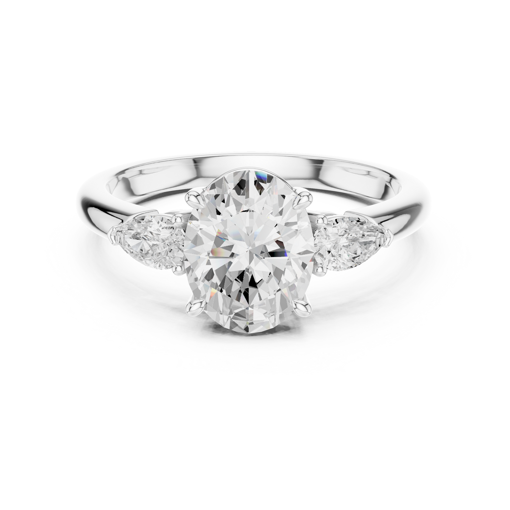 Oval Cut Three Stone Diamond Engagement Ring with Pear Side Stones