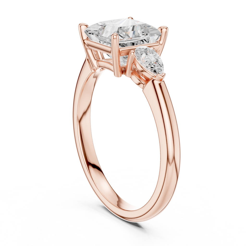 Princess Cut Three Stone Diamond Engagement Ring with Pear Side Stones
