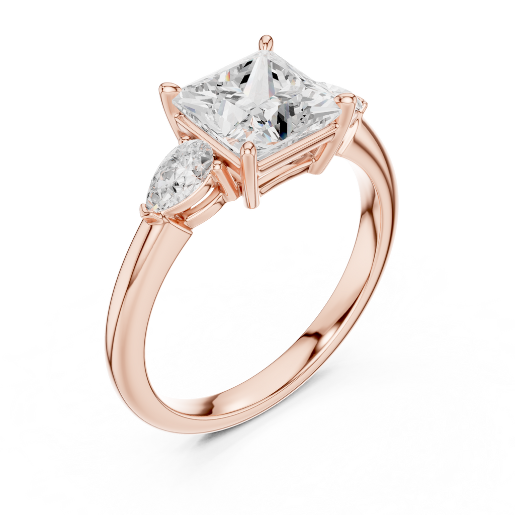 Princess Cut Three Stone Diamond Engagement Ring with Pear Side Stones