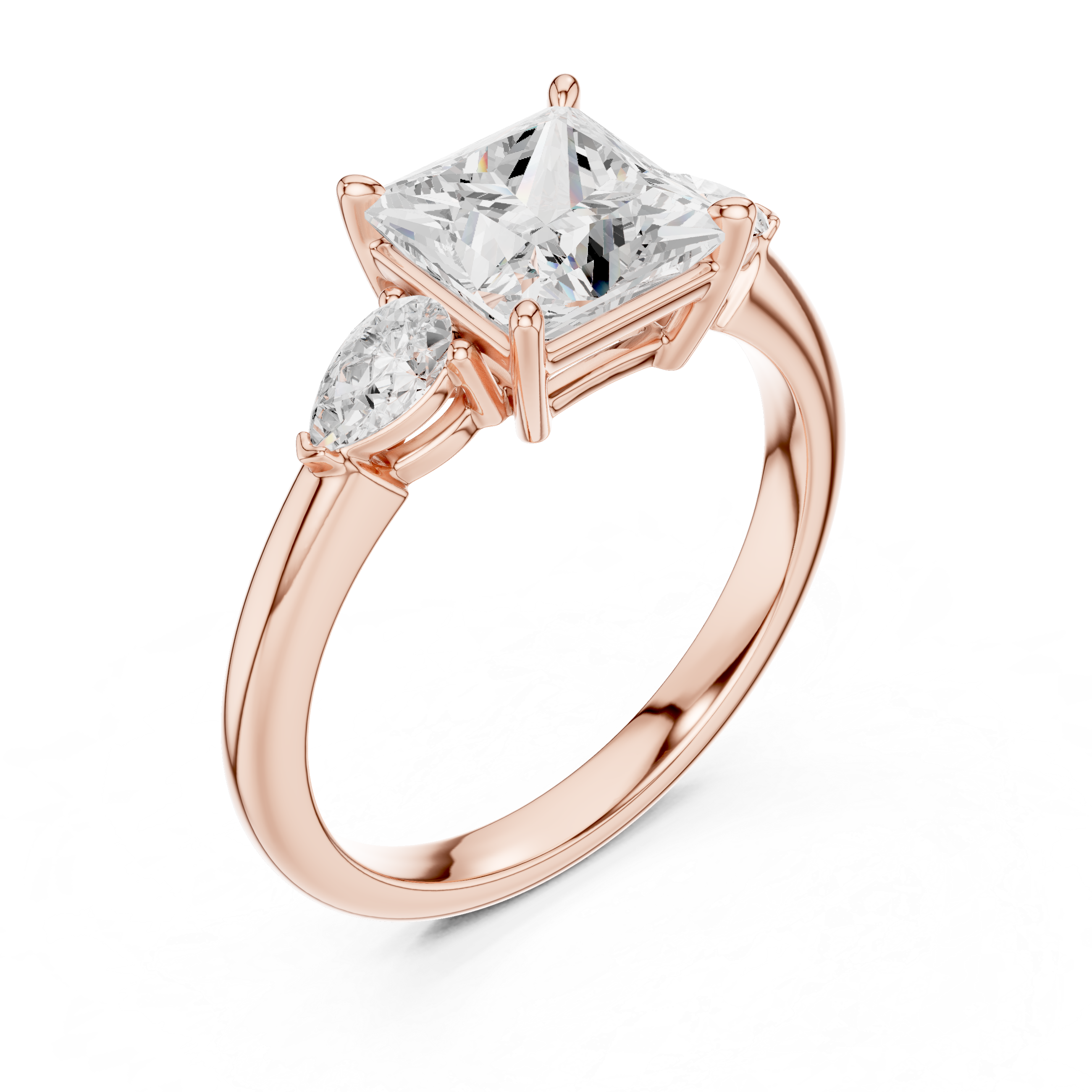 Princess Cut Three Stone Diamond Engagement Ring with Pear Side Stones