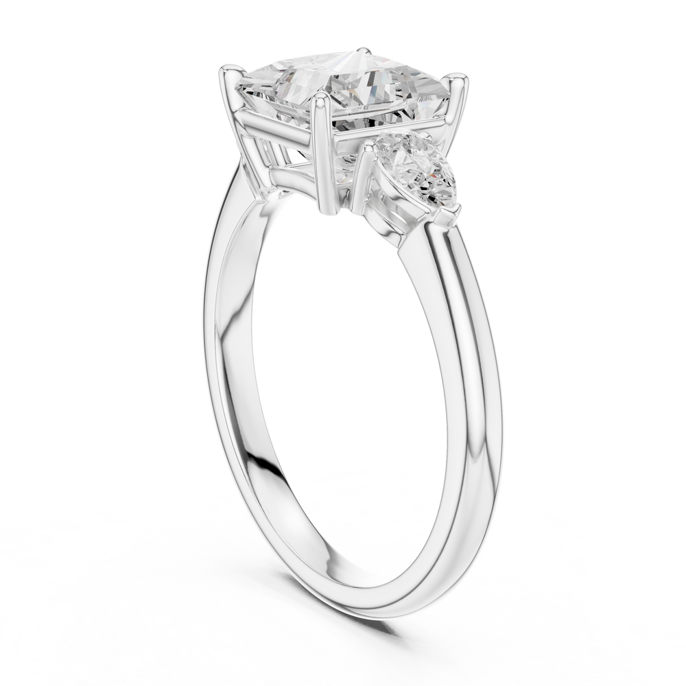 Princess Cut Three Stone Diamond Engagement Ring with Pear Side Stones