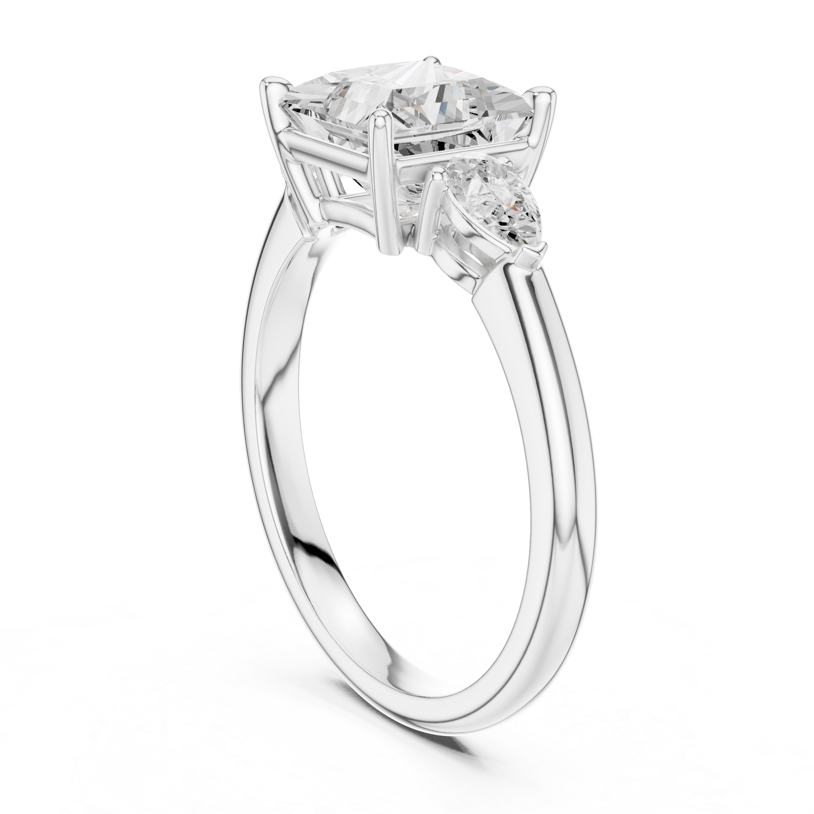Princess Cut Three Stone Diamond Engagement Ring with Pear Side Stones