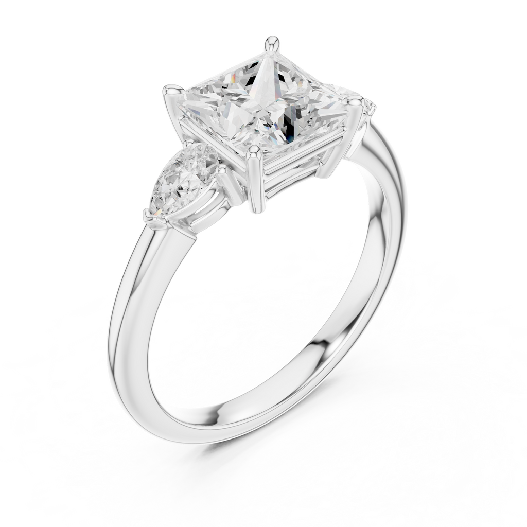 Princess Cut Three Stone Diamond Engagement Ring with Pear Side Stones