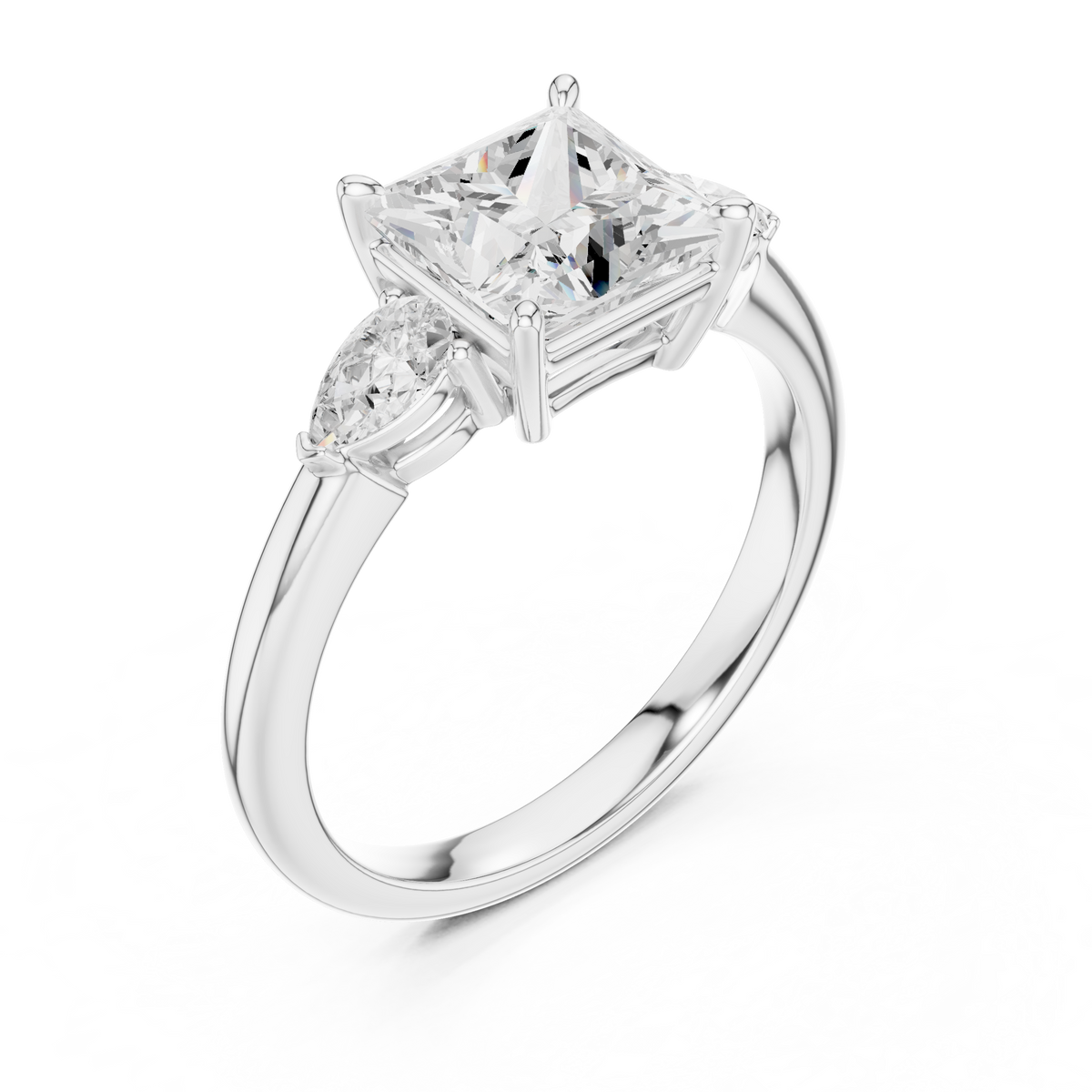 Princess Cut Three Stone Diamond Engagement Ring with Pear Side – view 3 of 12, lab grown diamond ring | Jewelix Atelier