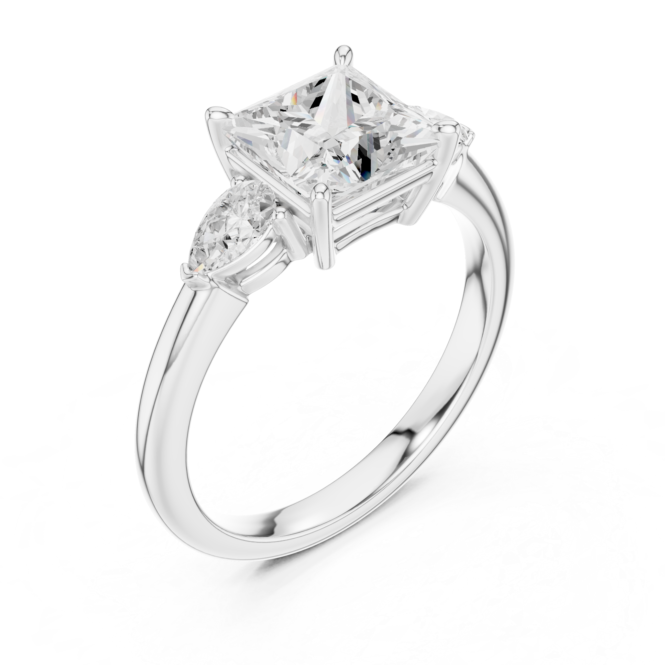 Princess Cut Three Stone Diamond Engagement Ring with Pear Side Stones
