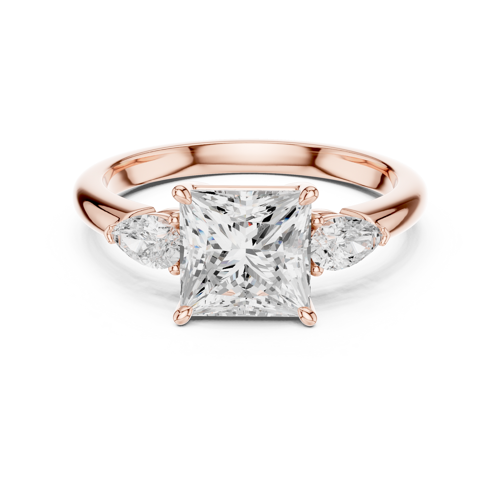 Princess Cut Three Stone Diamond Engagement Ring with Pear Side Stones