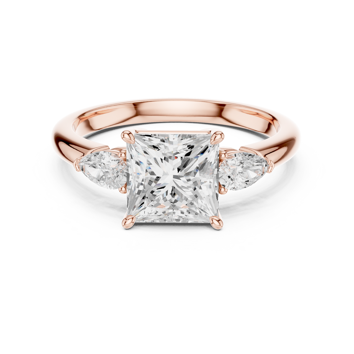 Princess Cut Three Stone Diamond Engagement Ring with Pear Side – view 5 of 12, lab grown diamond ring | Jewelix Atelier