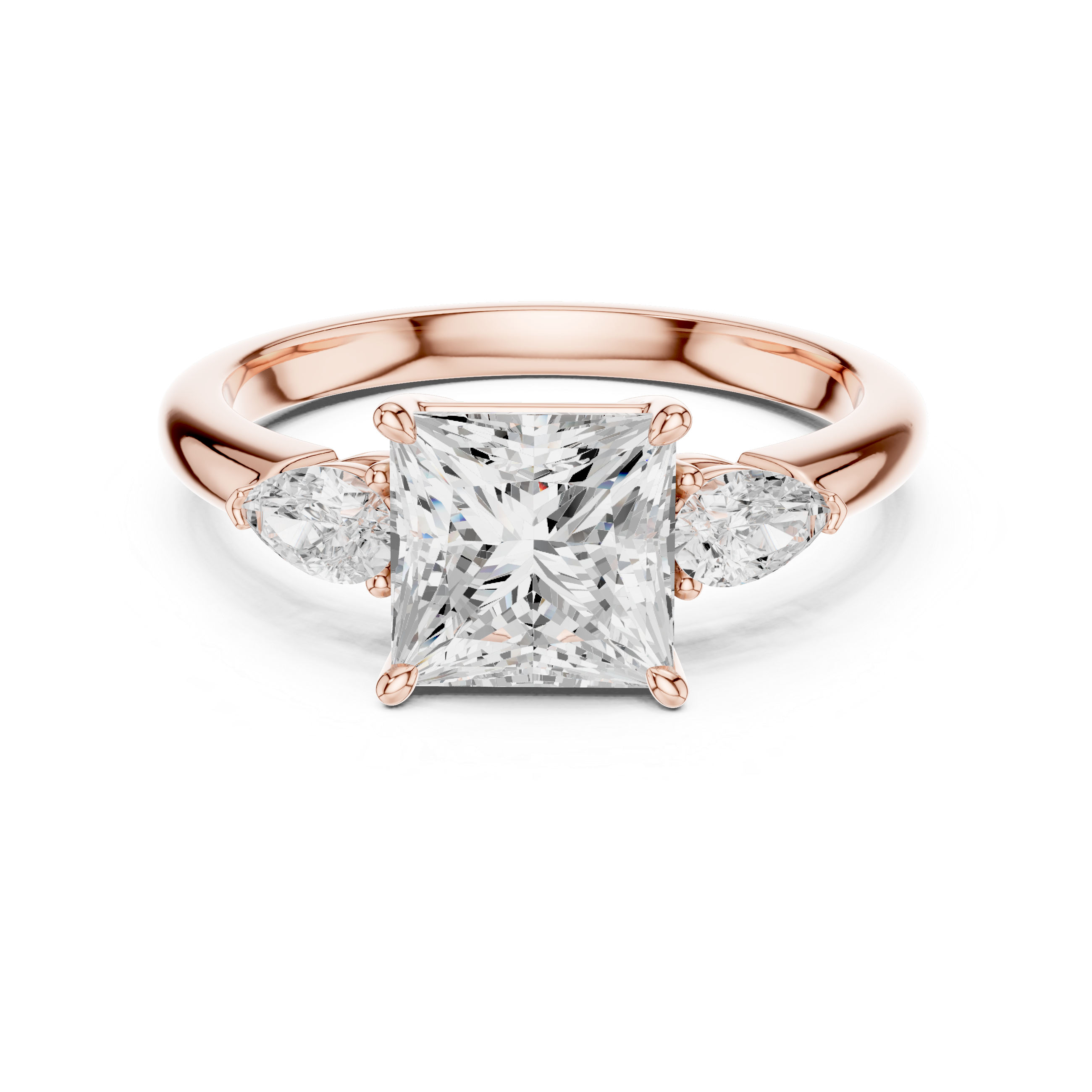 Princess Cut Three Stone Diamond Engagement Ring with Pear Side Stones