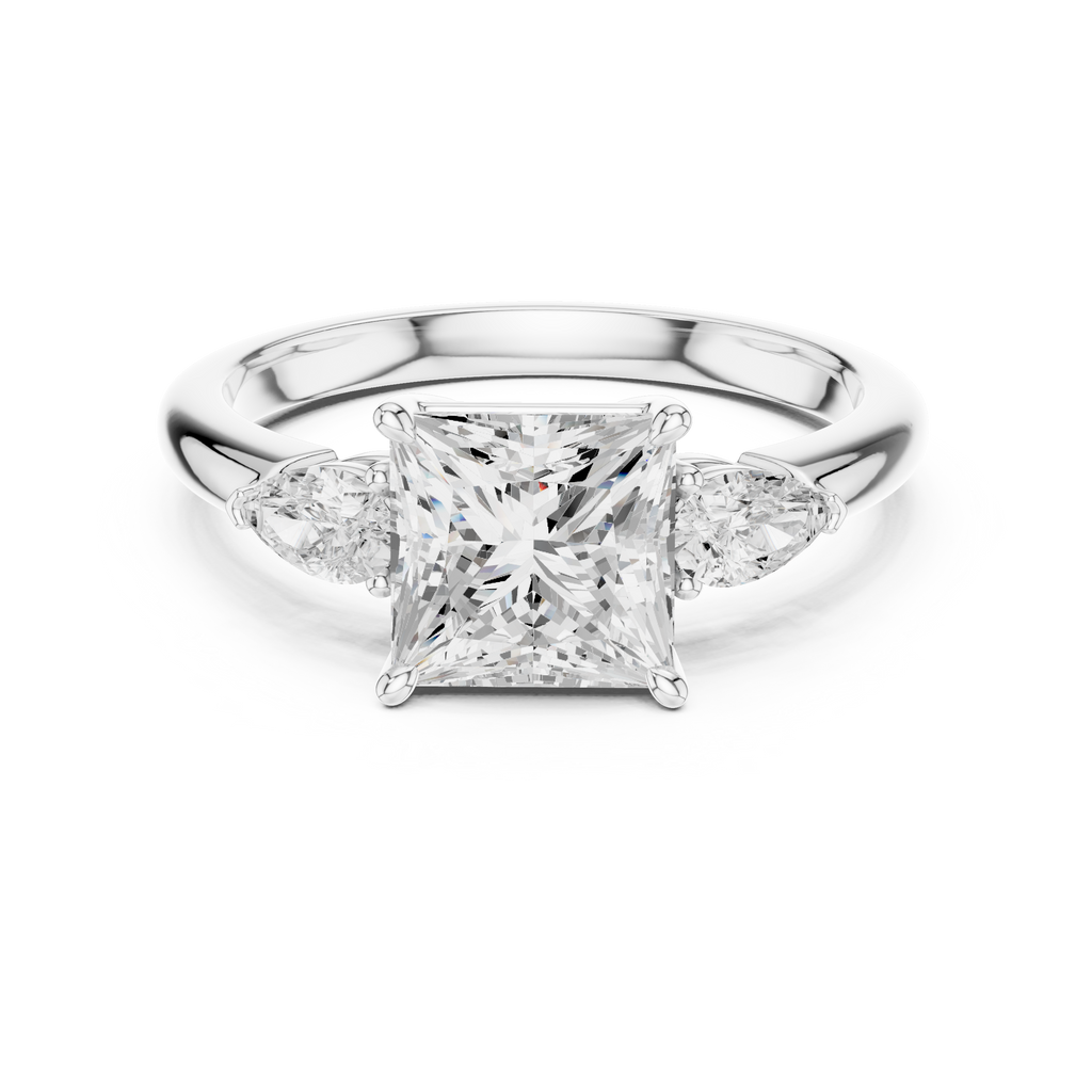 Princess Cut Three Stone Diamond Engagement Ring with Pear Side Stones