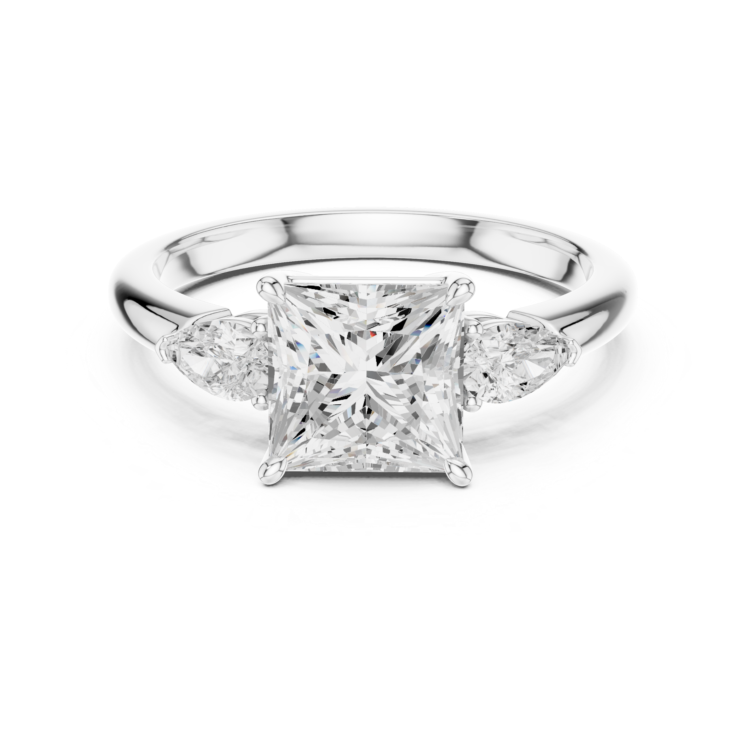 Princess Cut Three Stone Diamond Engagement Ring with Pear Side Stones