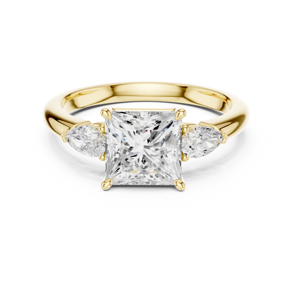 Princess Cut Three Stone Diamond Engagement Ring with Pear Side Stones