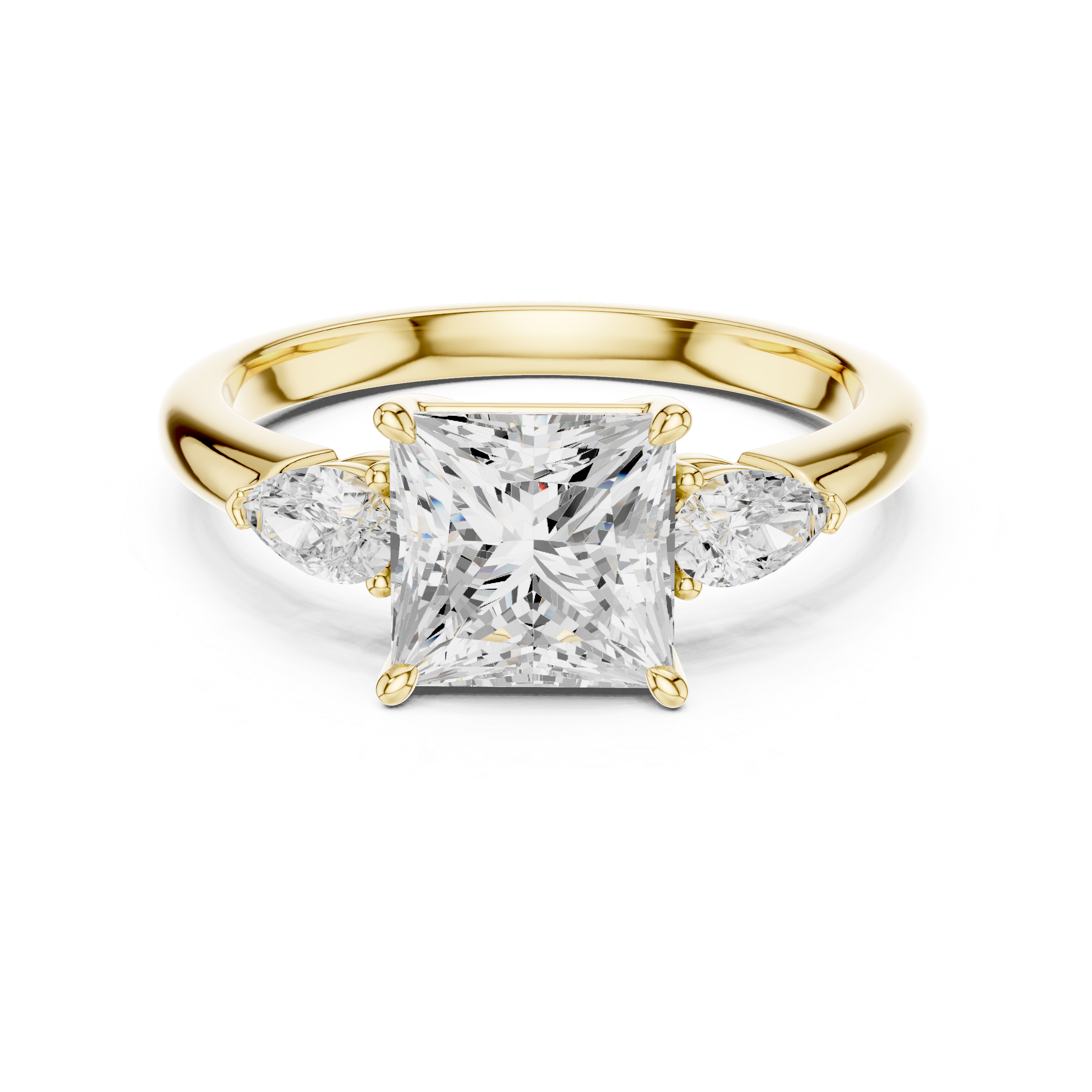 Princess Cut Three Stone Diamond Engagement Ring with Pear Side Stones