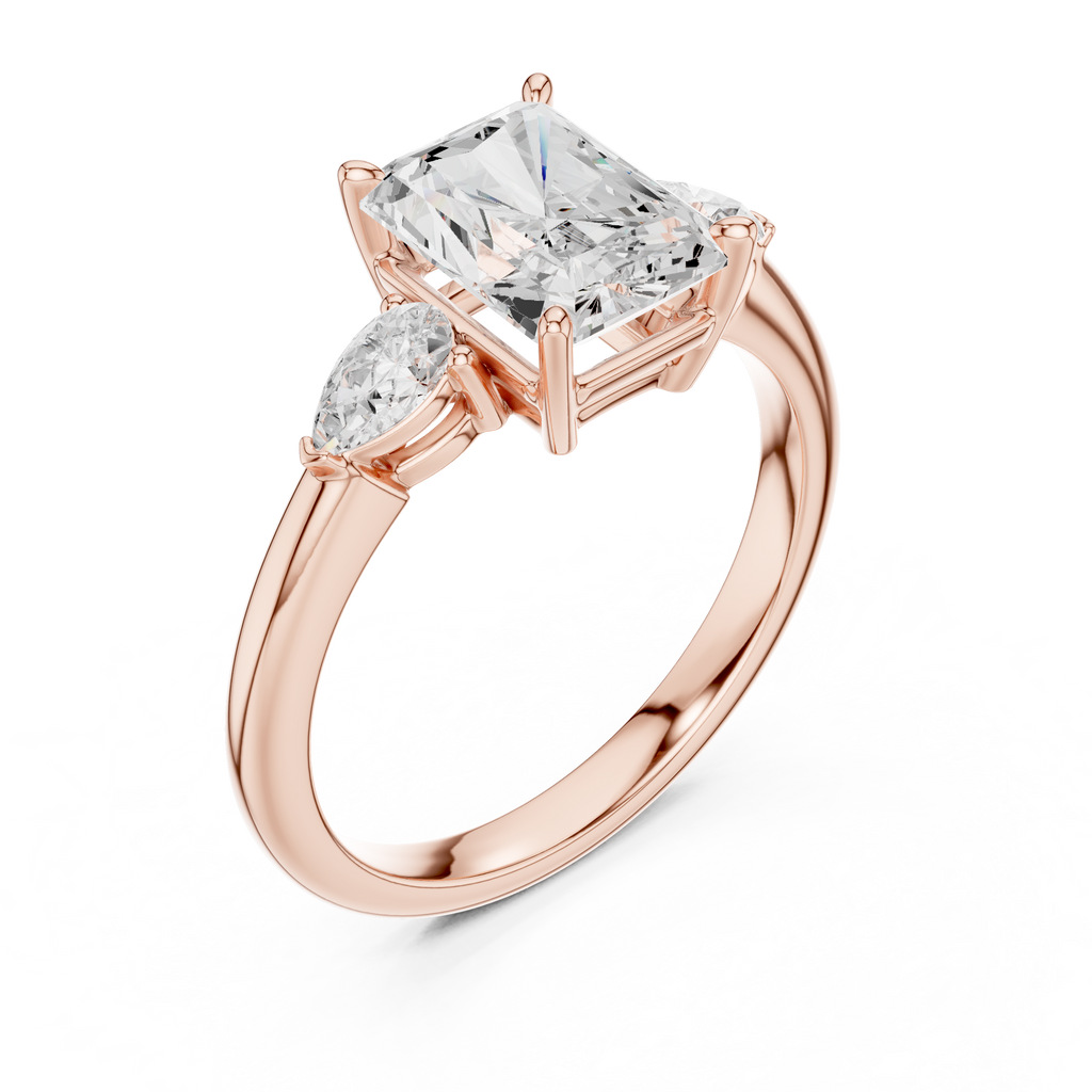 Radiant Cut Three Stone Diamond Engagement Ring with Pear Side Stones