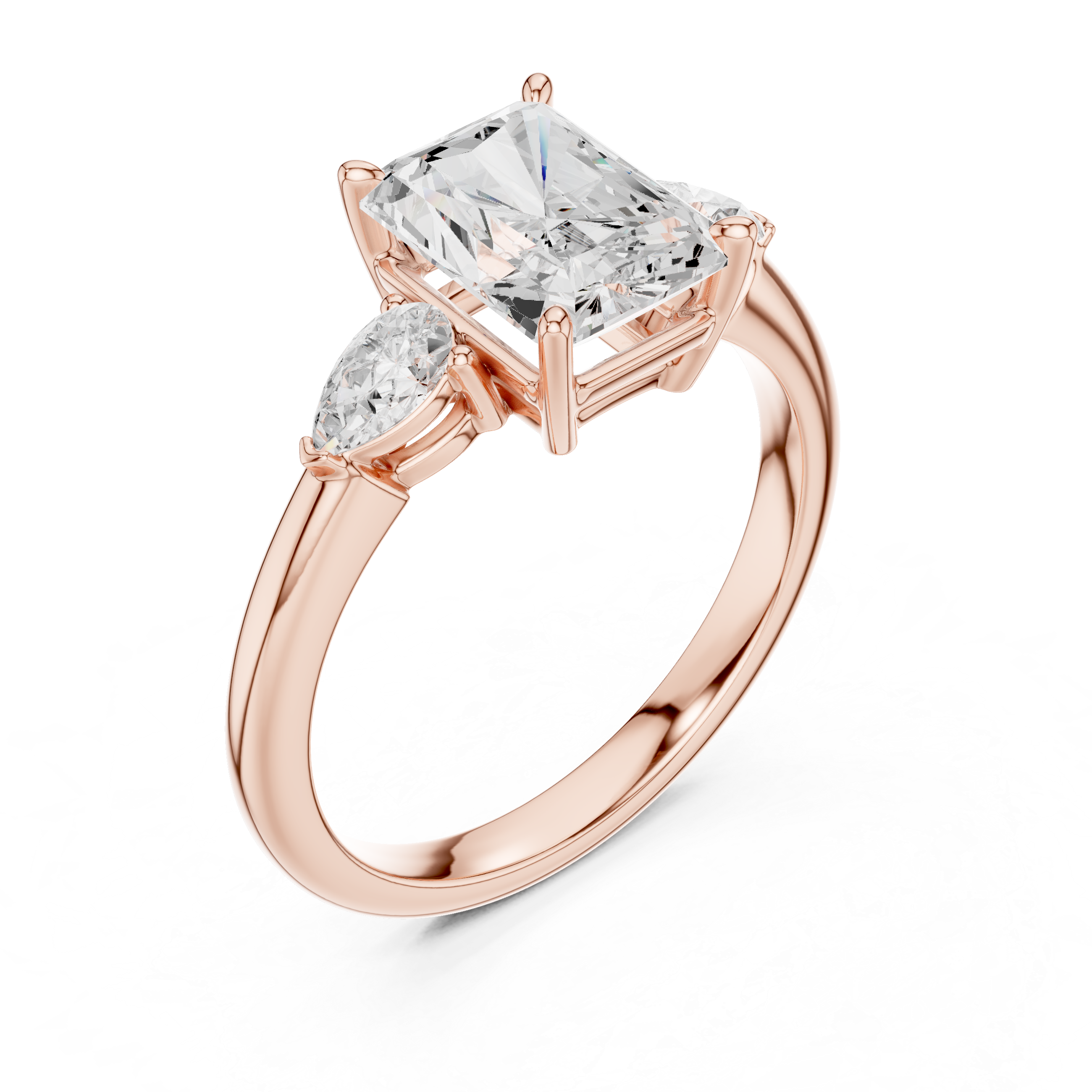 Radiant Cut Three Stone Diamond Engagement Ring with Pear Side Stones