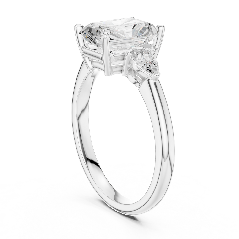 Radiant Cut Three Stone Diamond Engagement Ring with Pear Side Stones