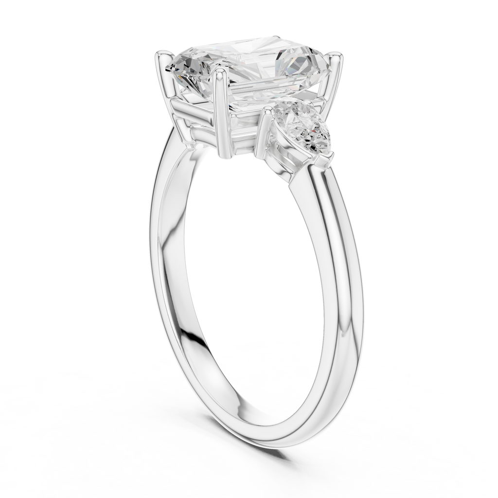 Radiant Cut Three Stone Diamond Engagement Ring with Pear Side Stones