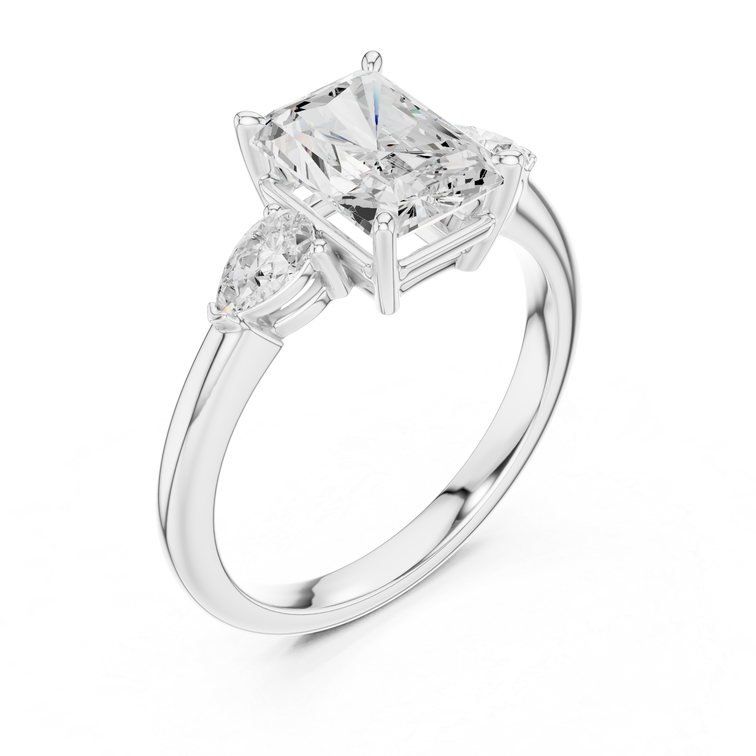 Radiant Cut Three Stone Diamond Engagement Ring with Pear Side Stones