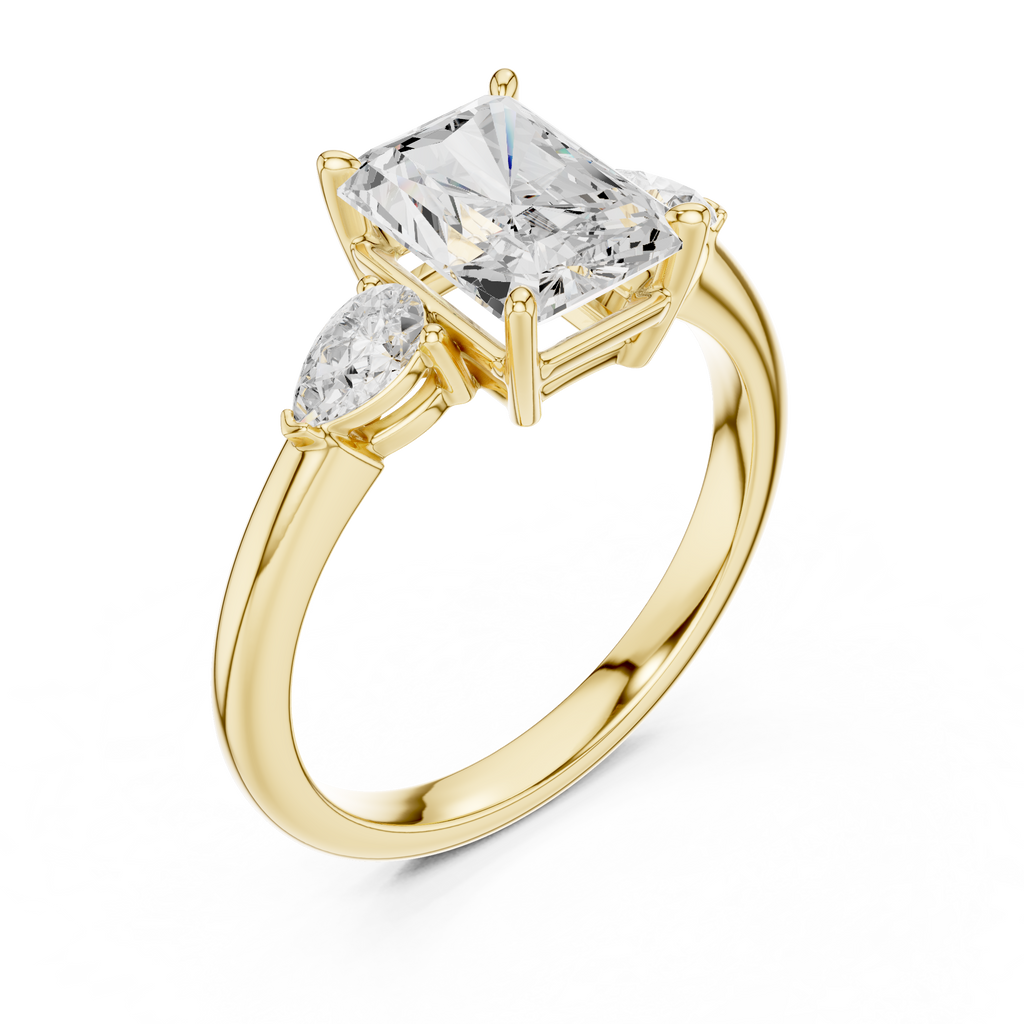 Radiant Cut Three Stone Diamond Engagement Ring with Pear Side Stones