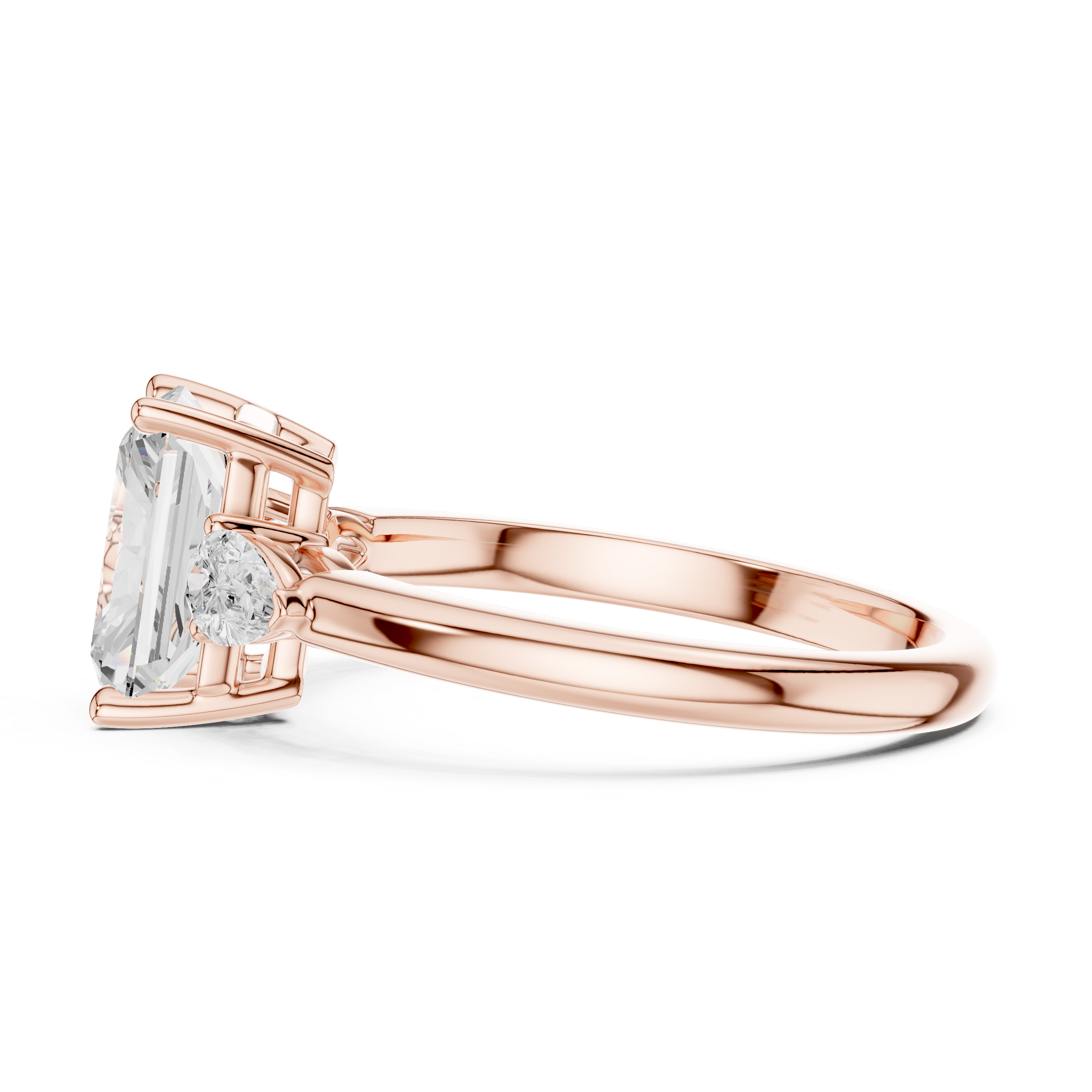 Radiant Cut Three Stone Diamond Engagement Ring with Pear Side Stones