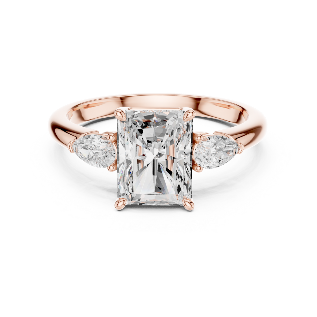 Radiant Cut Three Stone Diamond Engagement Ring with Pear Side Stones