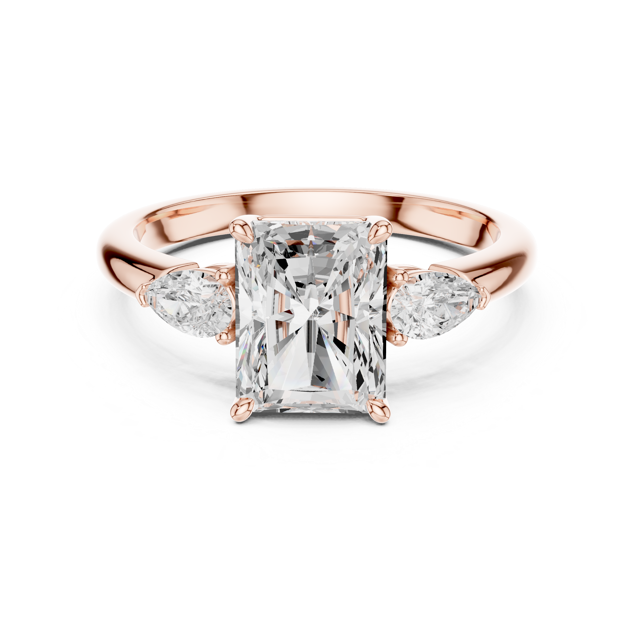 Radiant Cut Three Stone Diamond Engagement Ring with Pear Side Stones