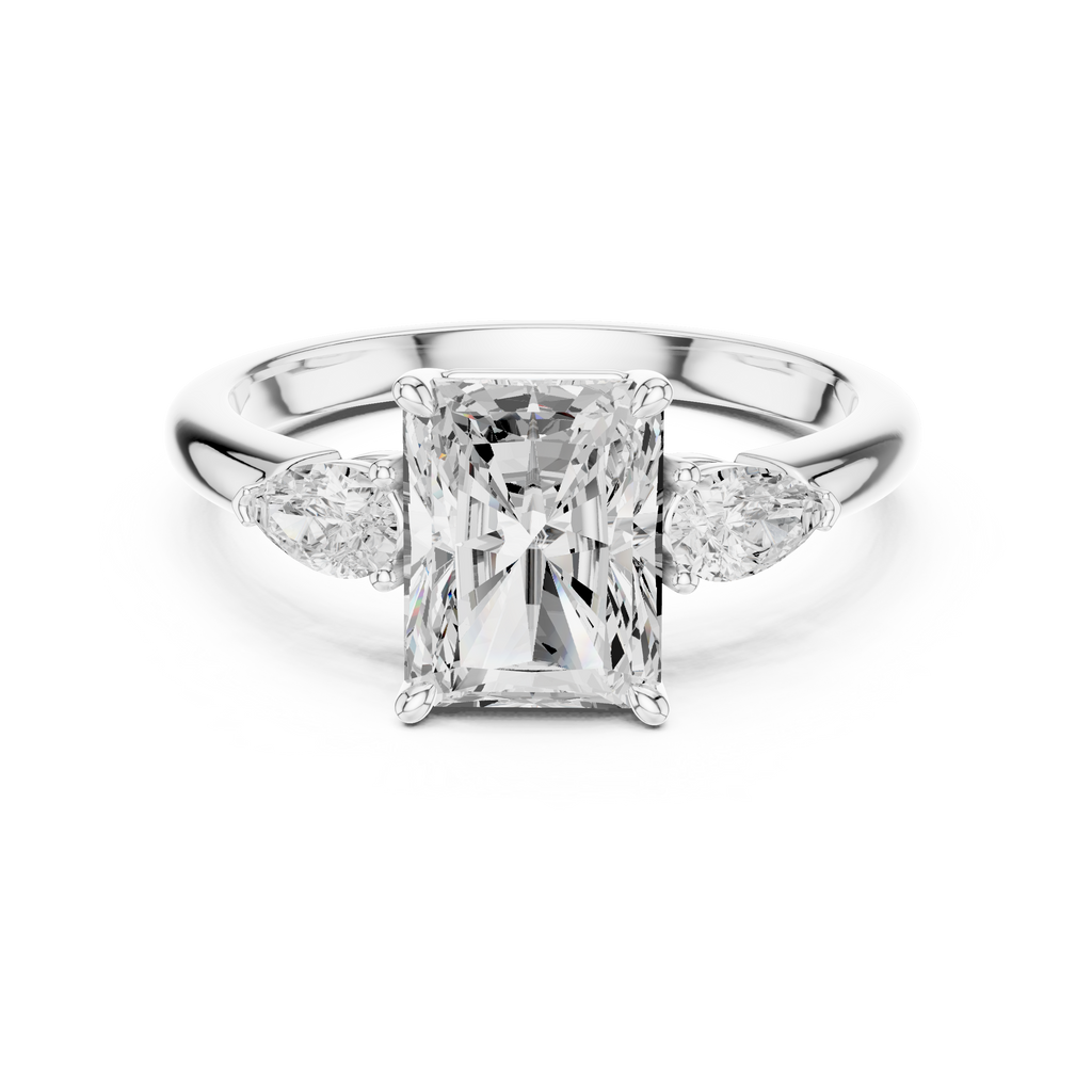 Radiant Cut Three Stone Diamond Engagement Ring with Pear Side Stones