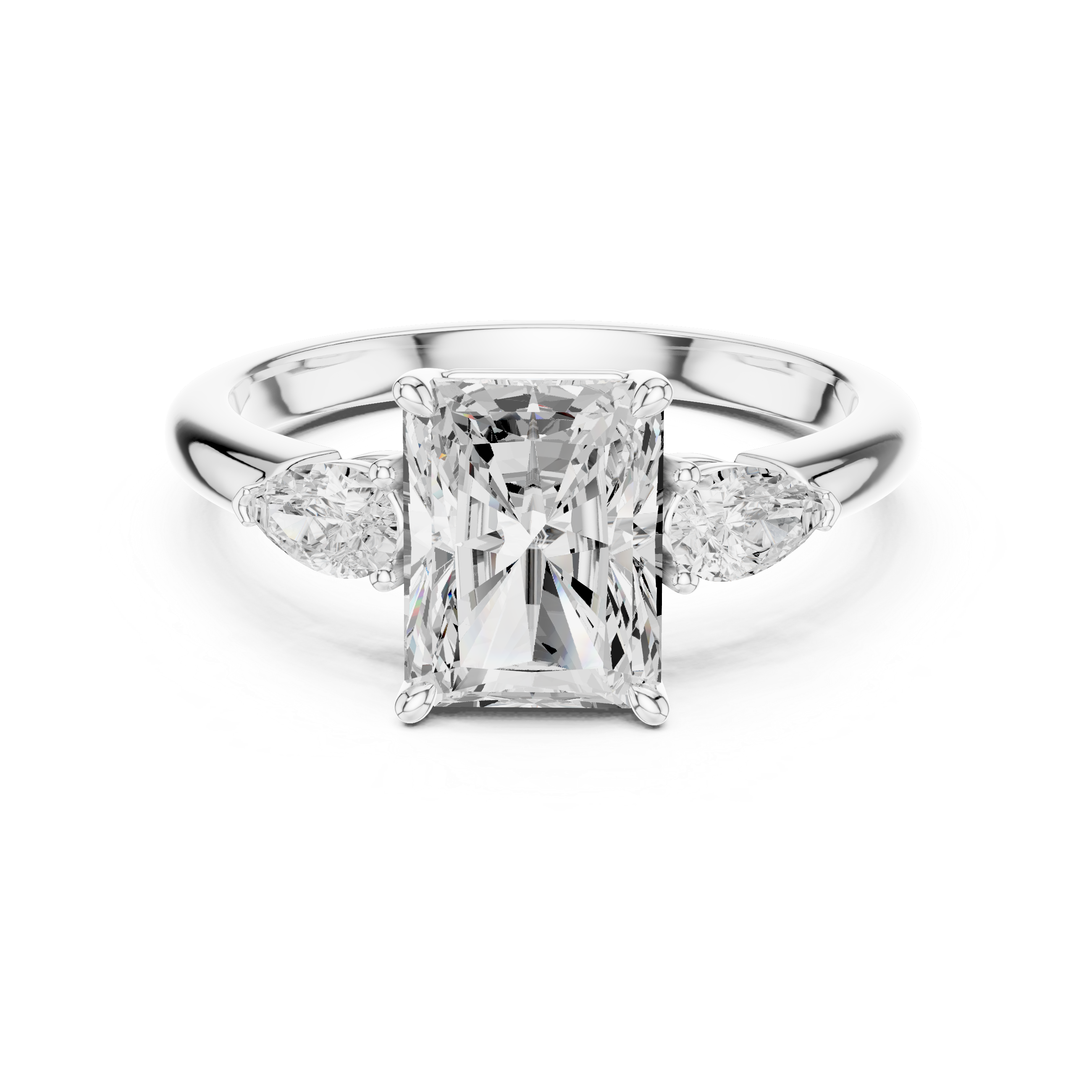 Radiant Cut Three Stone Diamond Engagement Ring with Pear Side Stones
