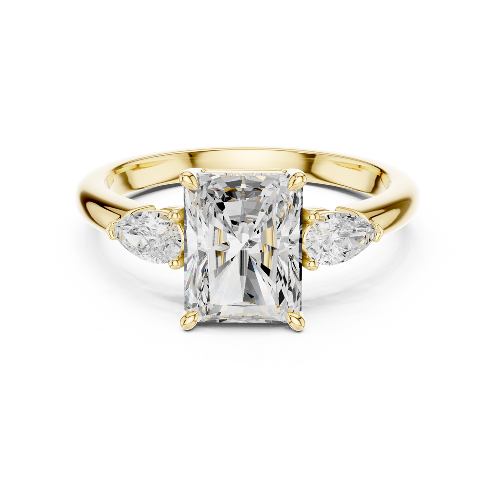 Radiant Cut Three Stone Diamond Engagement Ring with Pear Side Stones