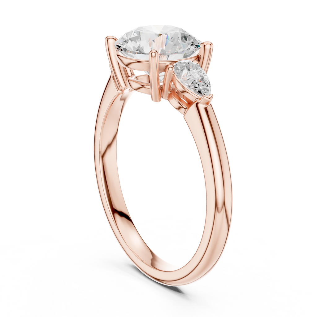 Round Cut Three Stone Diamond Engagement Ring with Pear Side Stones