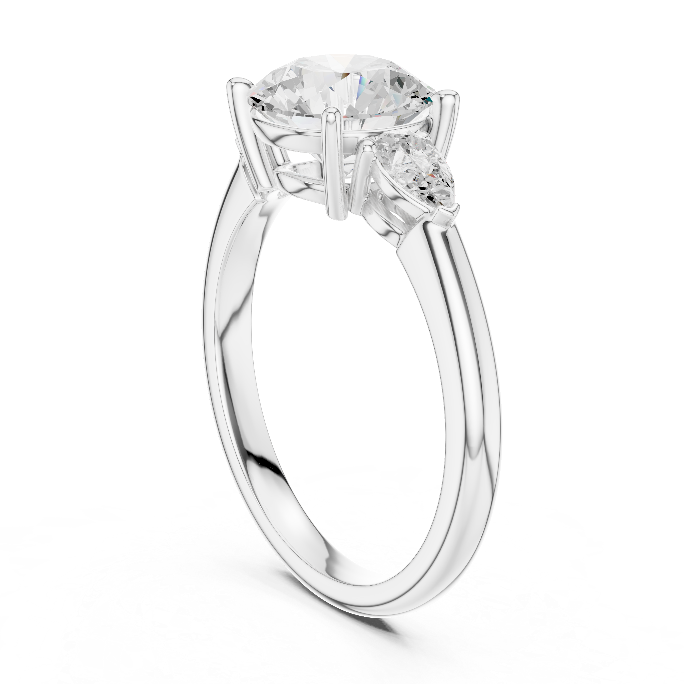 Round Cut Three Stone Diamond Engagement Ring with Pear Side Stones