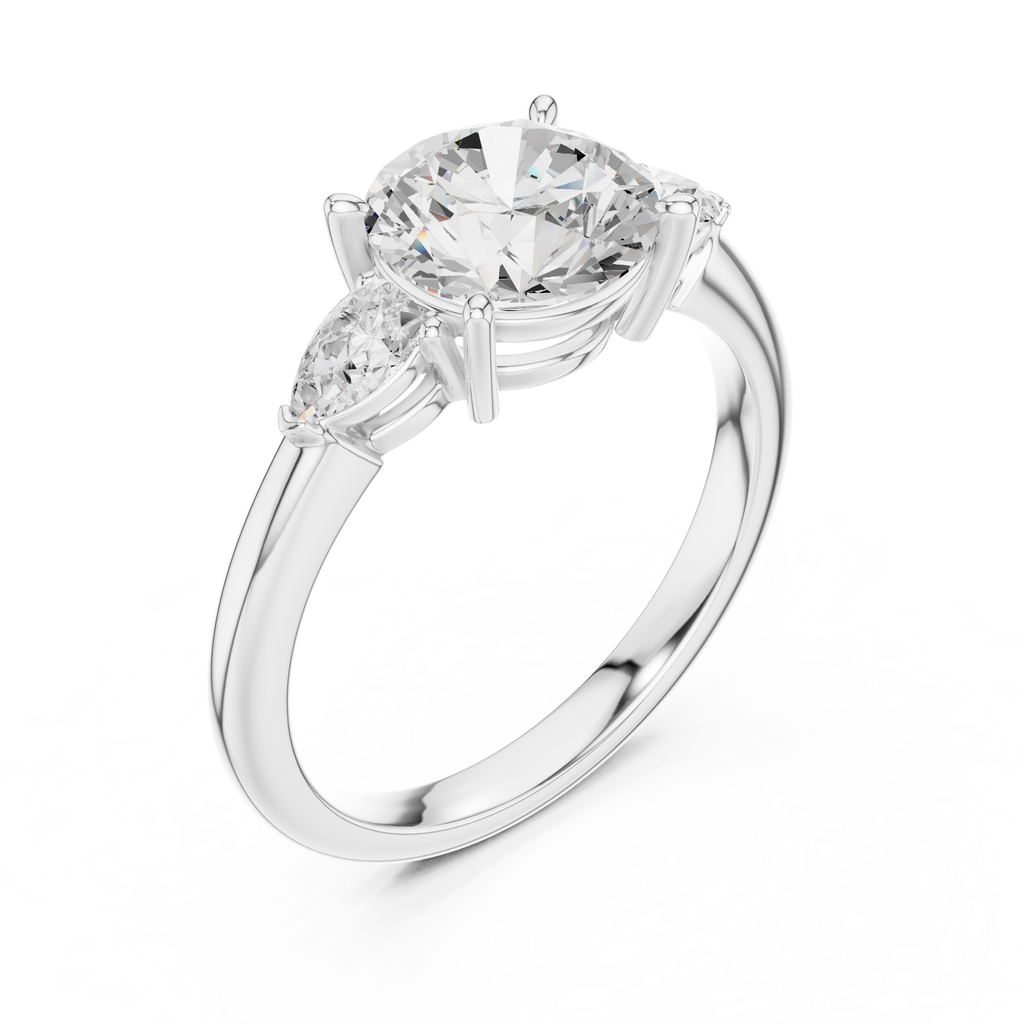 Round Cut Three Stone Diamond Engagement Ring with Pear Side Stones