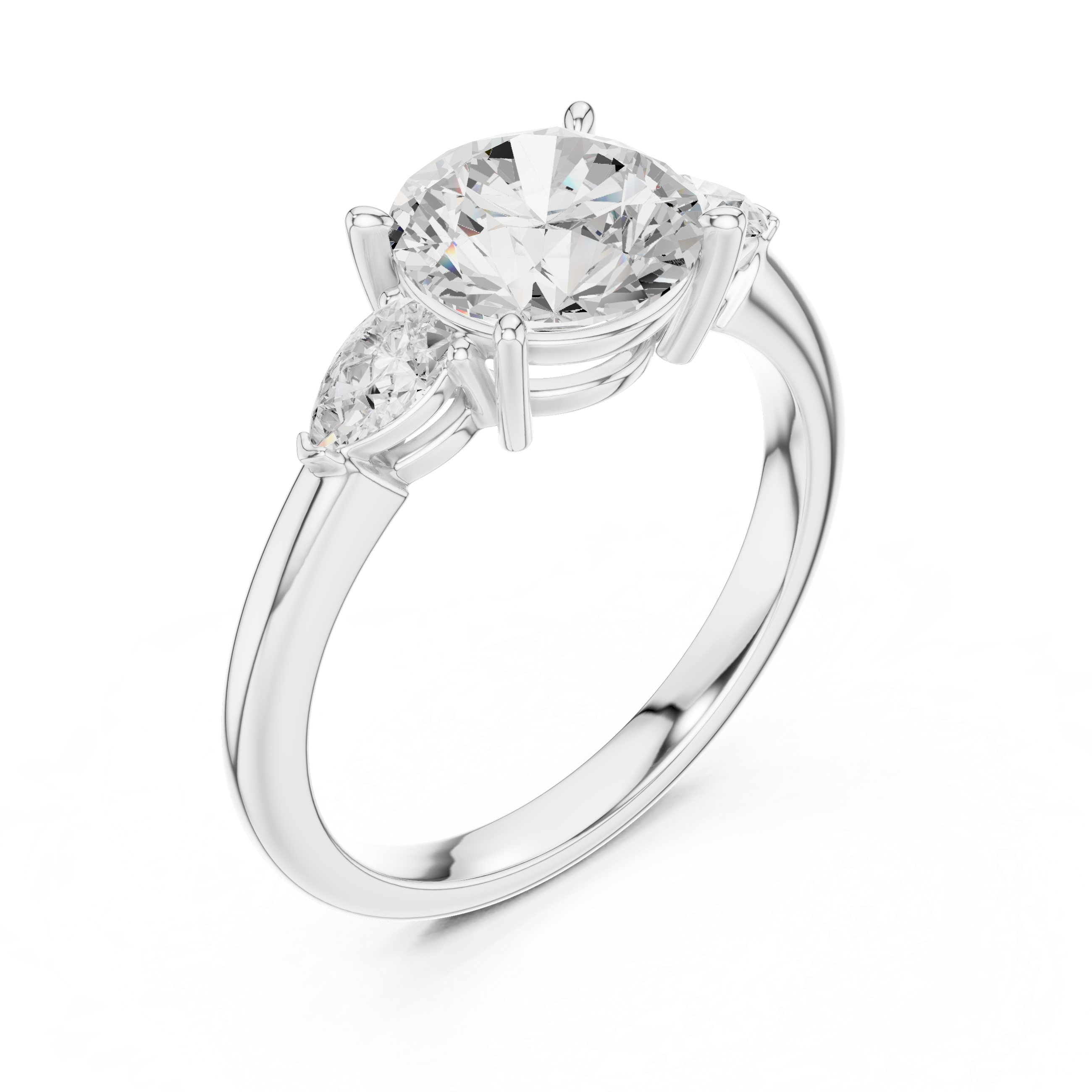 Round Cut Three Stone Diamond Engagement Ring with Pear Side Stones