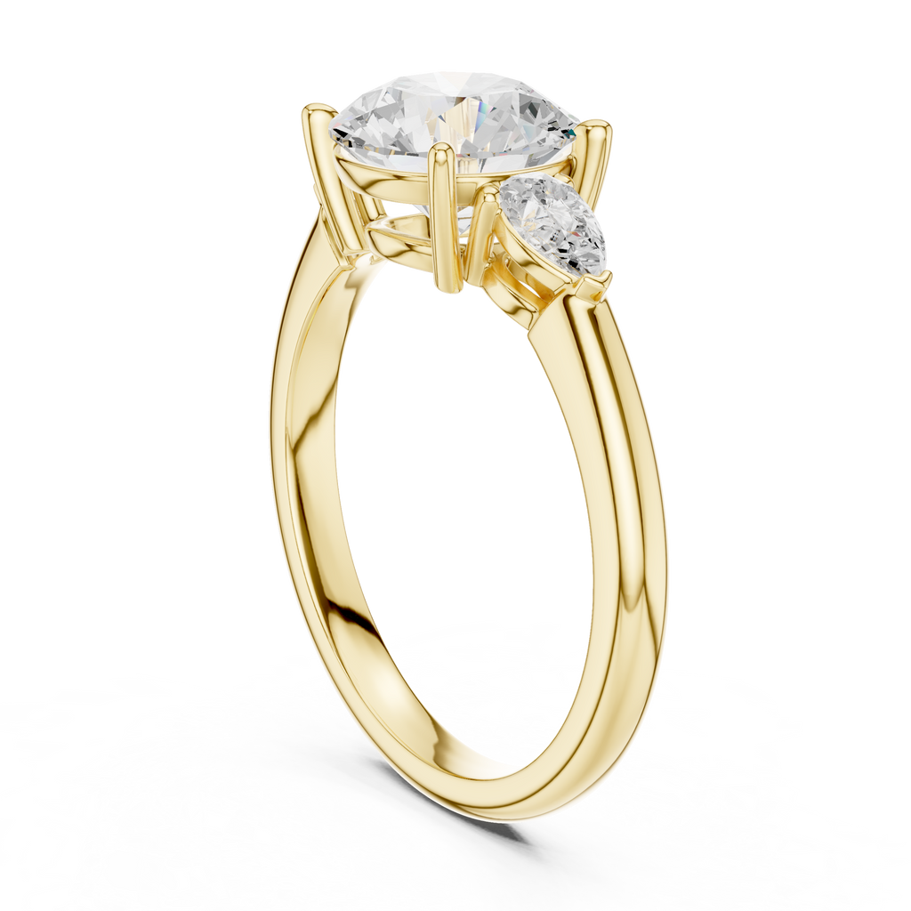 Round Cut Three Stone Diamond Engagement Ring with Pear Side Stones