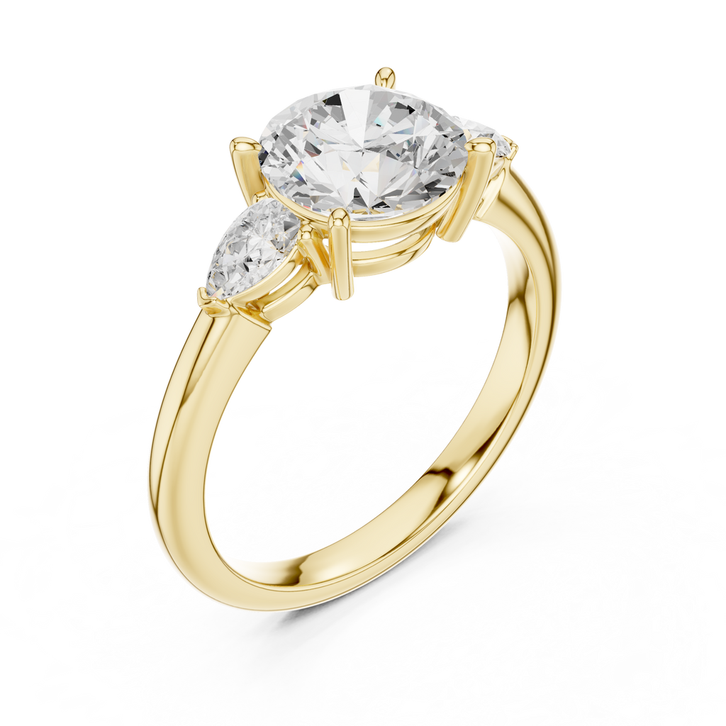 Round Cut Three Stone Diamond Engagement Ring with Pear Side Stones
