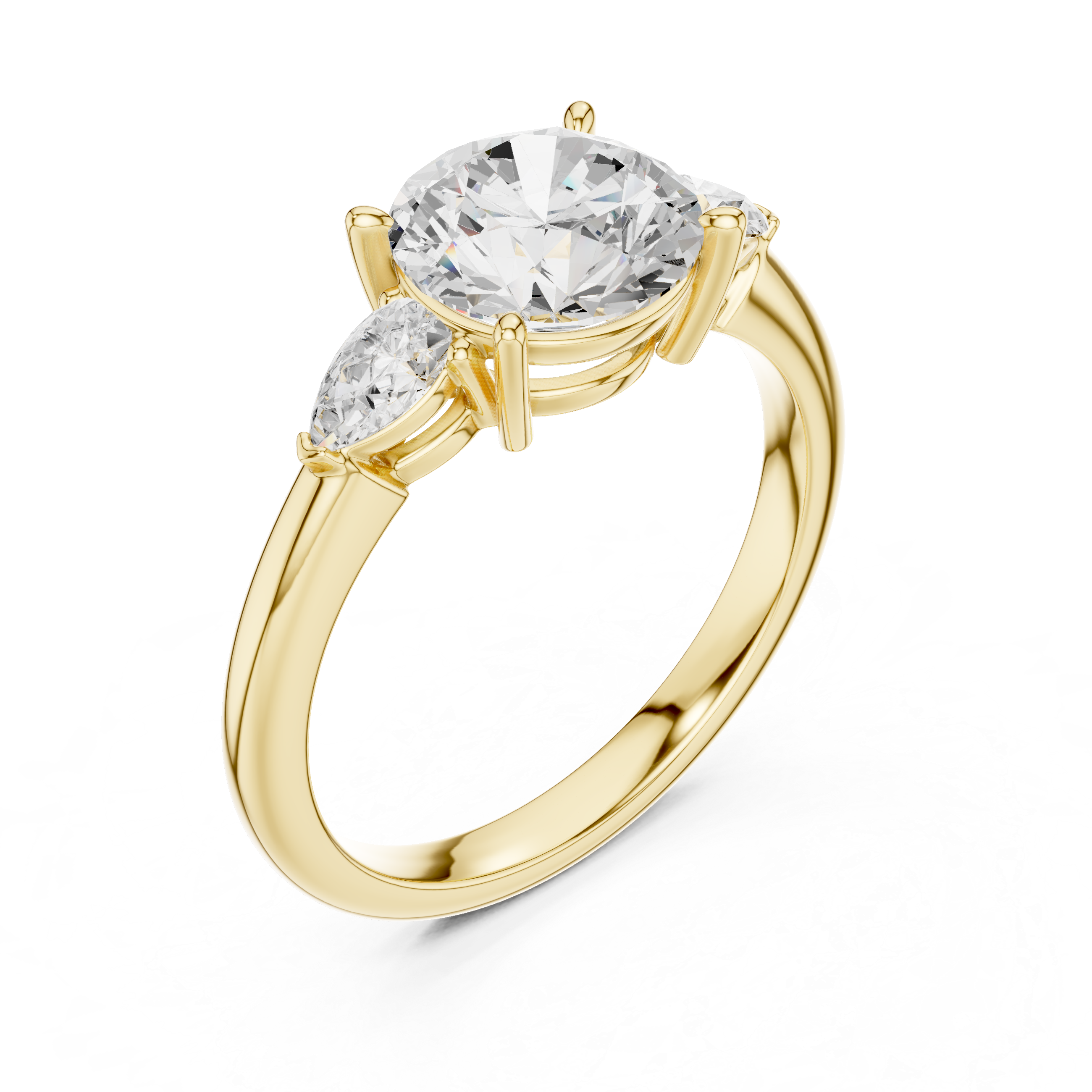 Round Cut Three Stone Diamond Engagement Ring with Pear Side Stones