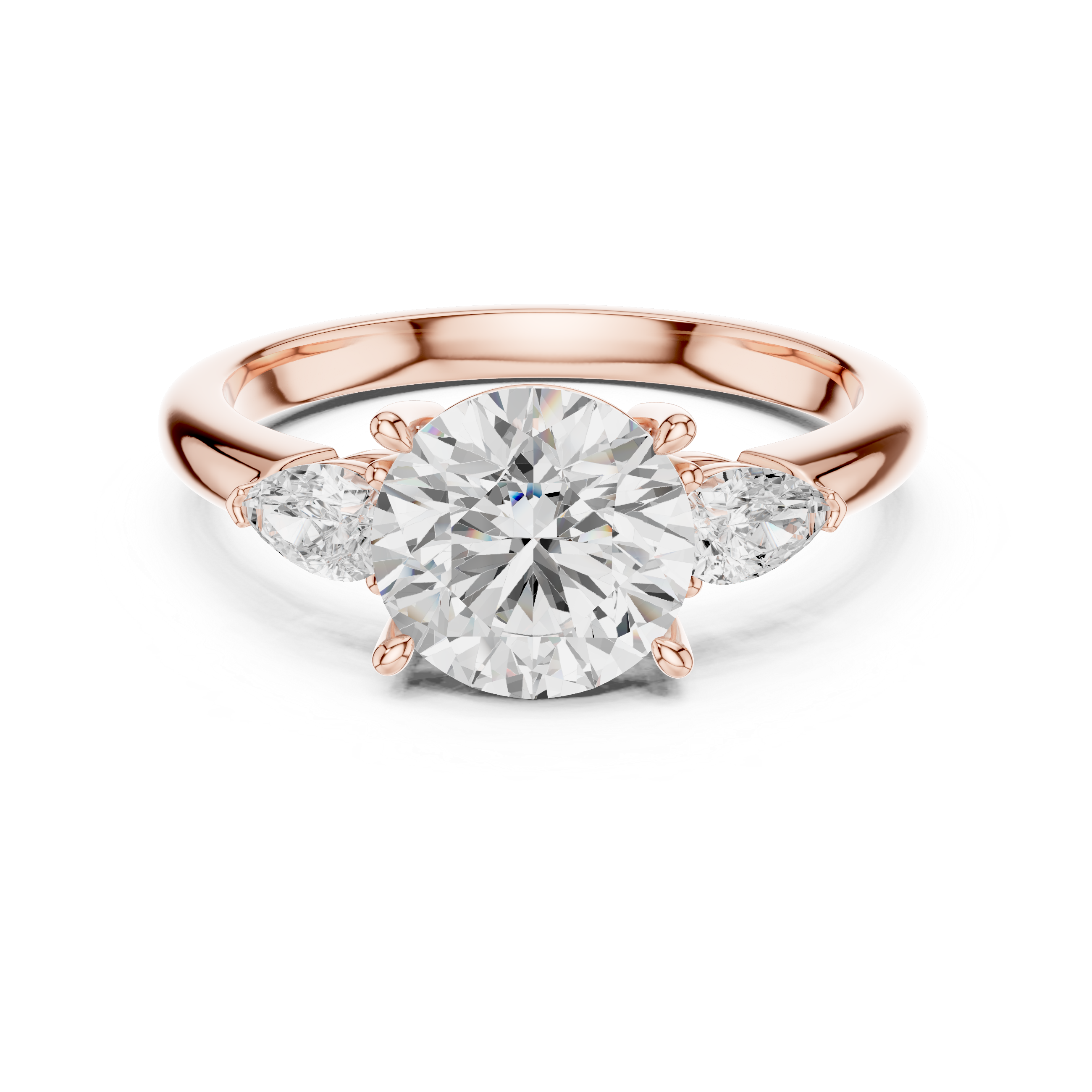 Round Cut Three Stone Diamond Engagement Ring with Pear Side Stones