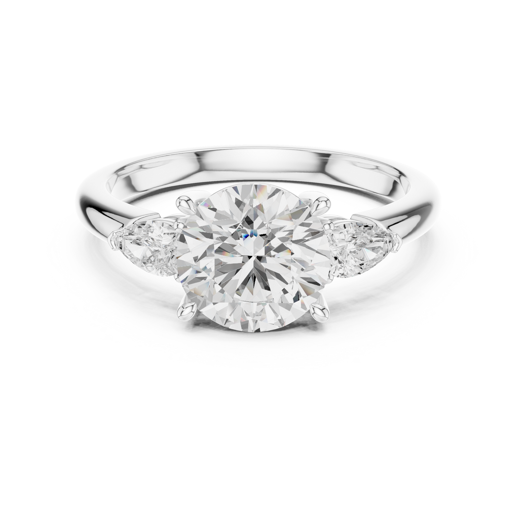 Round Cut Three Stone Diamond Engagement Ring with Pear Side Stones