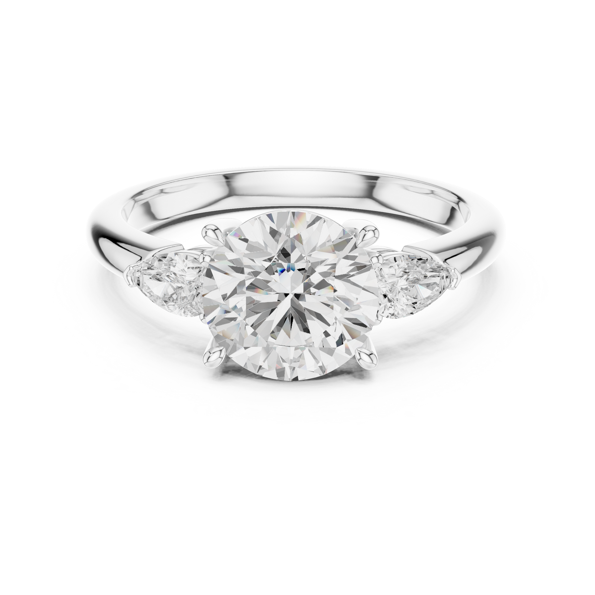 Round Cut Three Stone Diamond Engagement Ring with Pear Side Stones — Jewelix Atelier