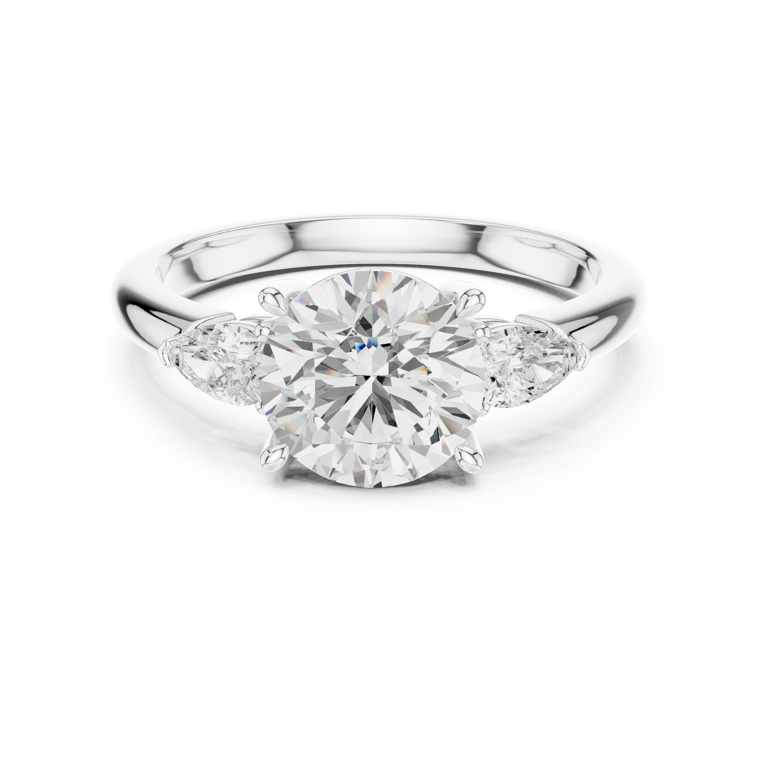 Round Cut Three Stone Diamond Engagement Ring with Pear Side Stones