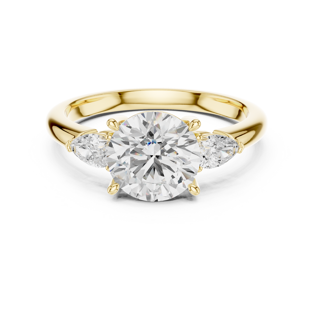 Round Cut Three Stone Diamond Engagement Ring with Pear Side Stones