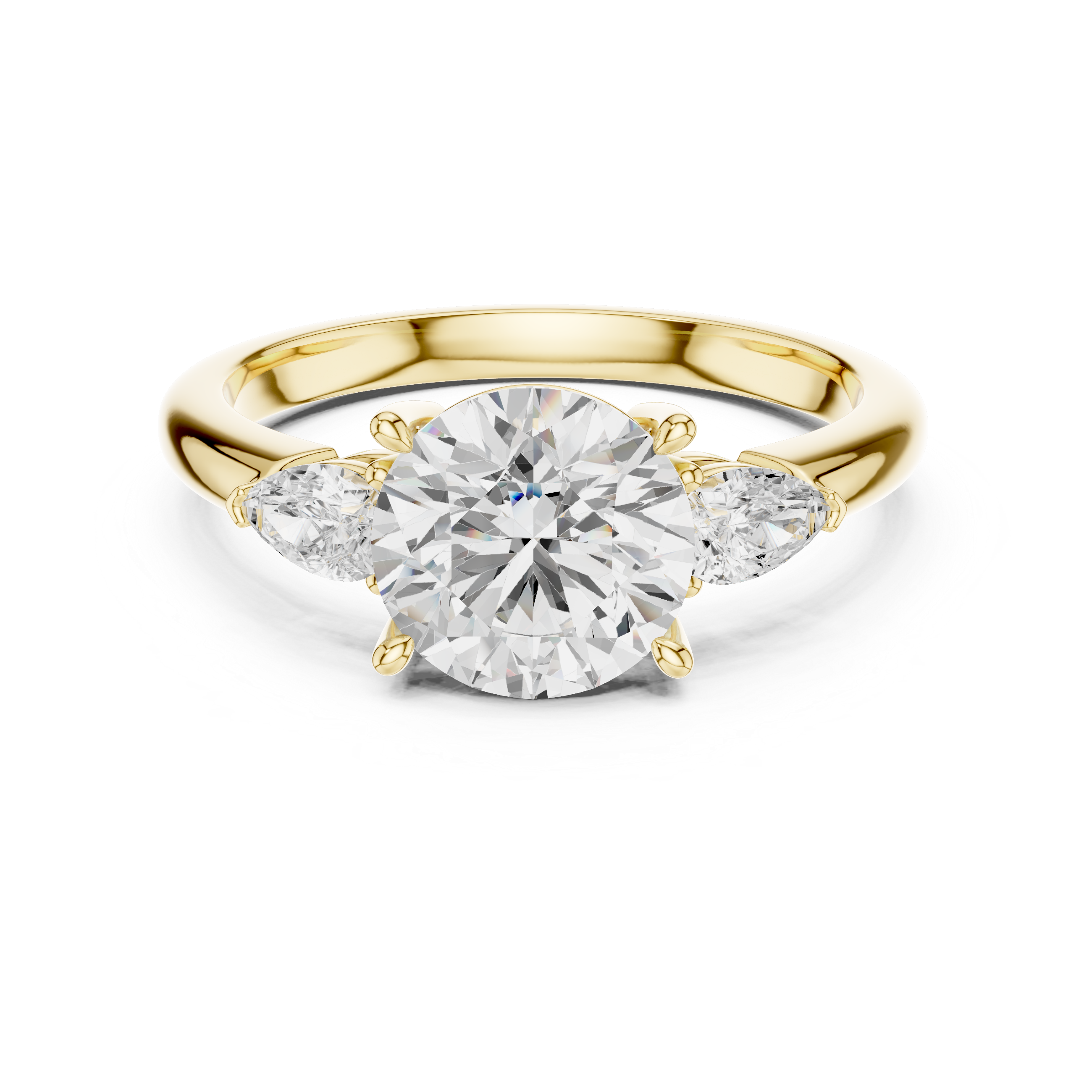 Round Cut Three Stone Diamond Engagement Ring with Pear Side Stones