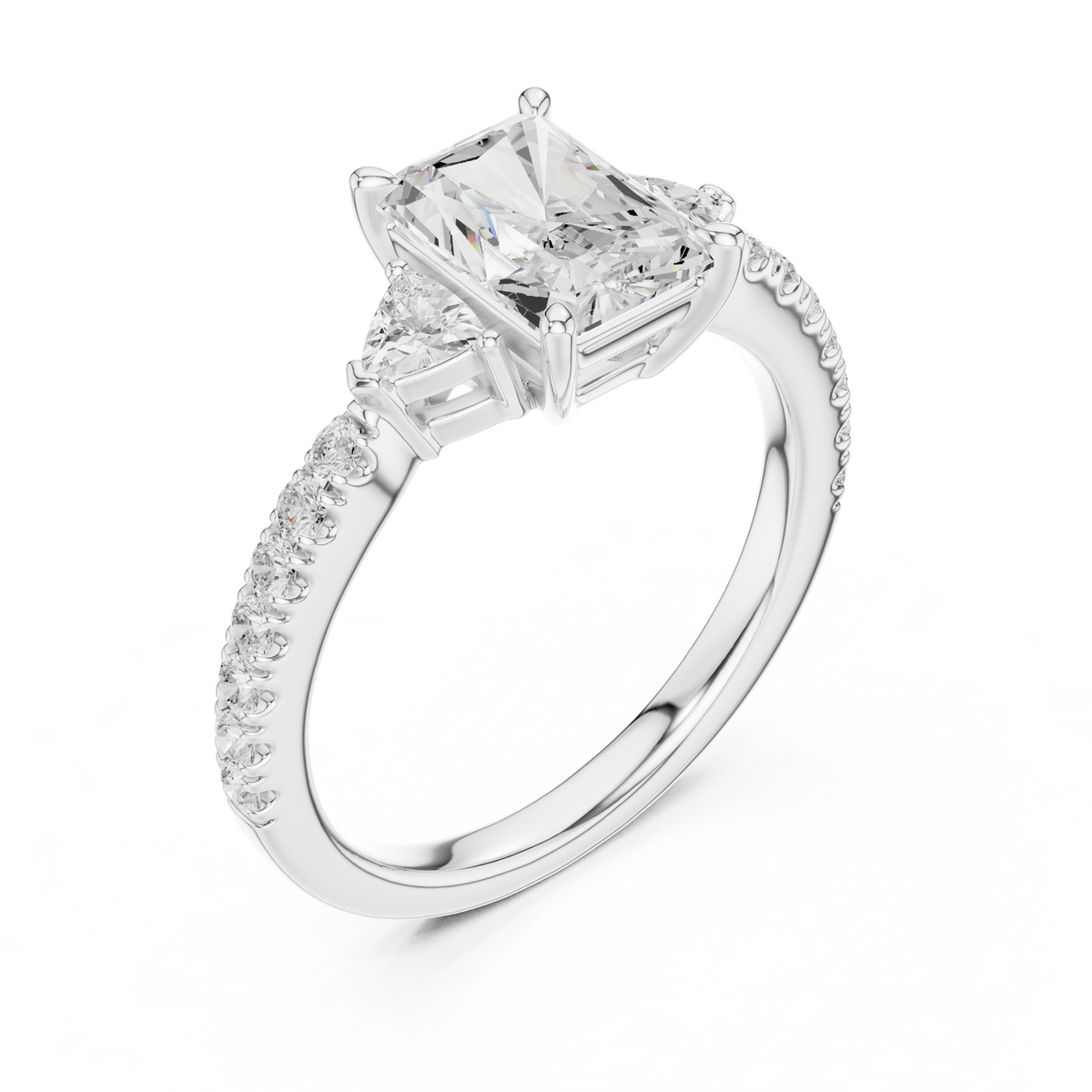 Radiant Cut Three Stone Lab Grown Diamond with Trillion Side Stones Engagement Ring – view 3 of 12 | Jewelix Atelier