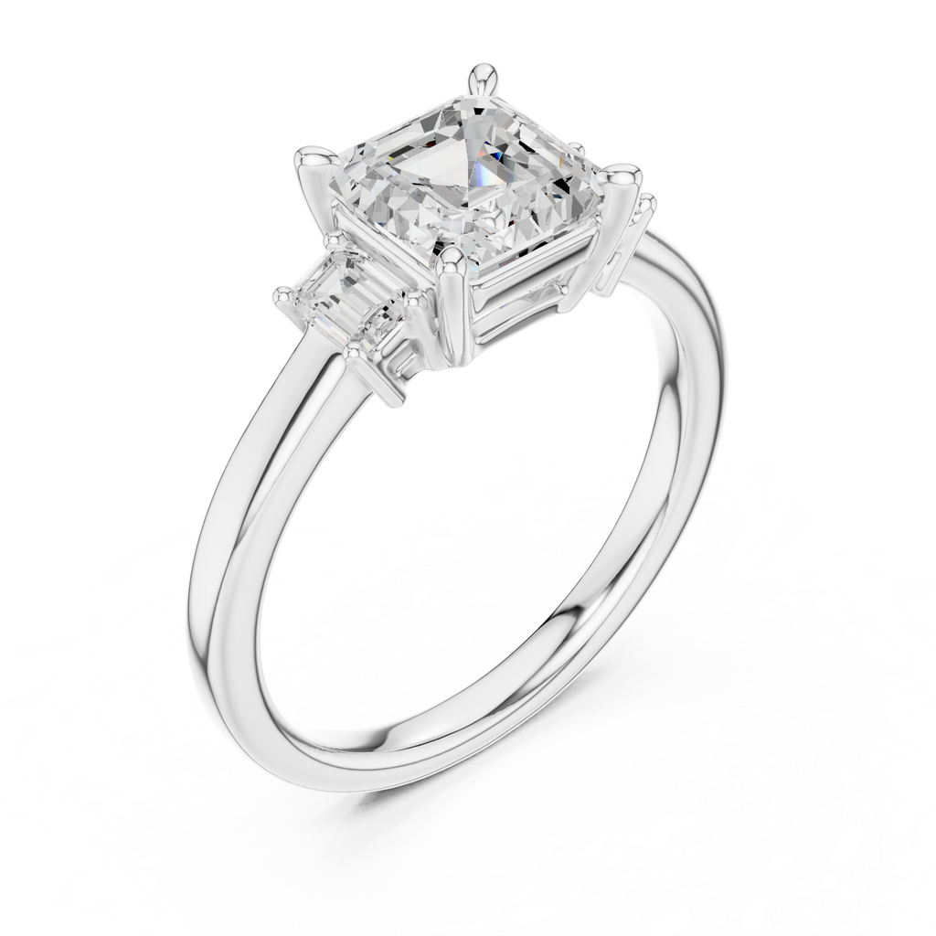 Asscher Cut Three Stone Diamond Engagement Ring