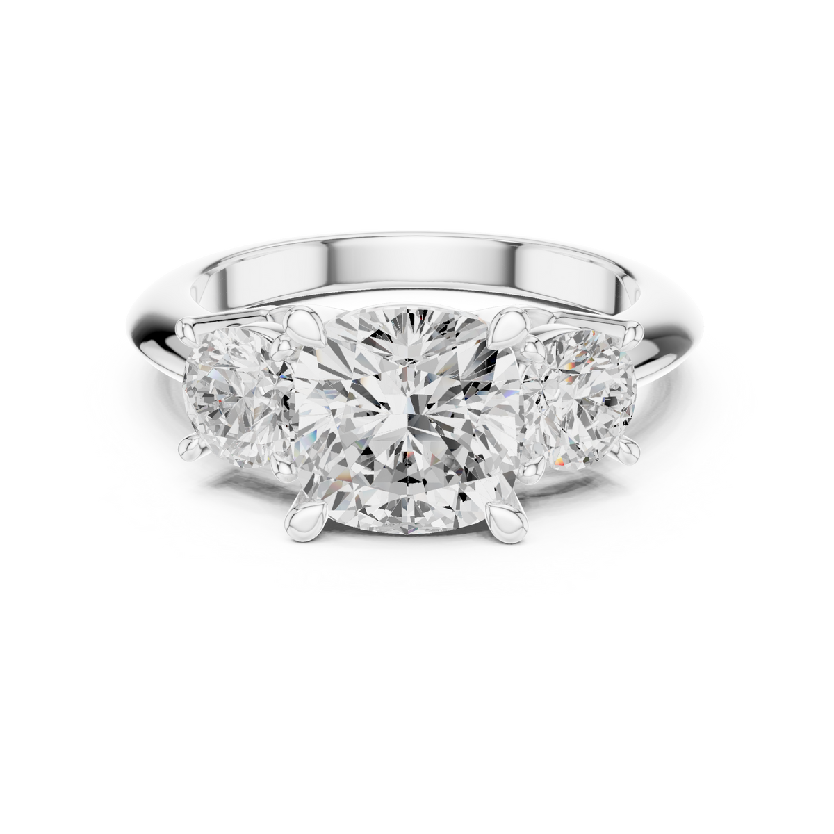 Cushion Cut Three Stone Diamond with Round Side Stones Engagement Ring — Jewelix Atelier