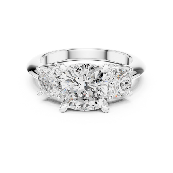 Cushion Cut Three Stone Diamond with Round Side Stones Engagement Ring
