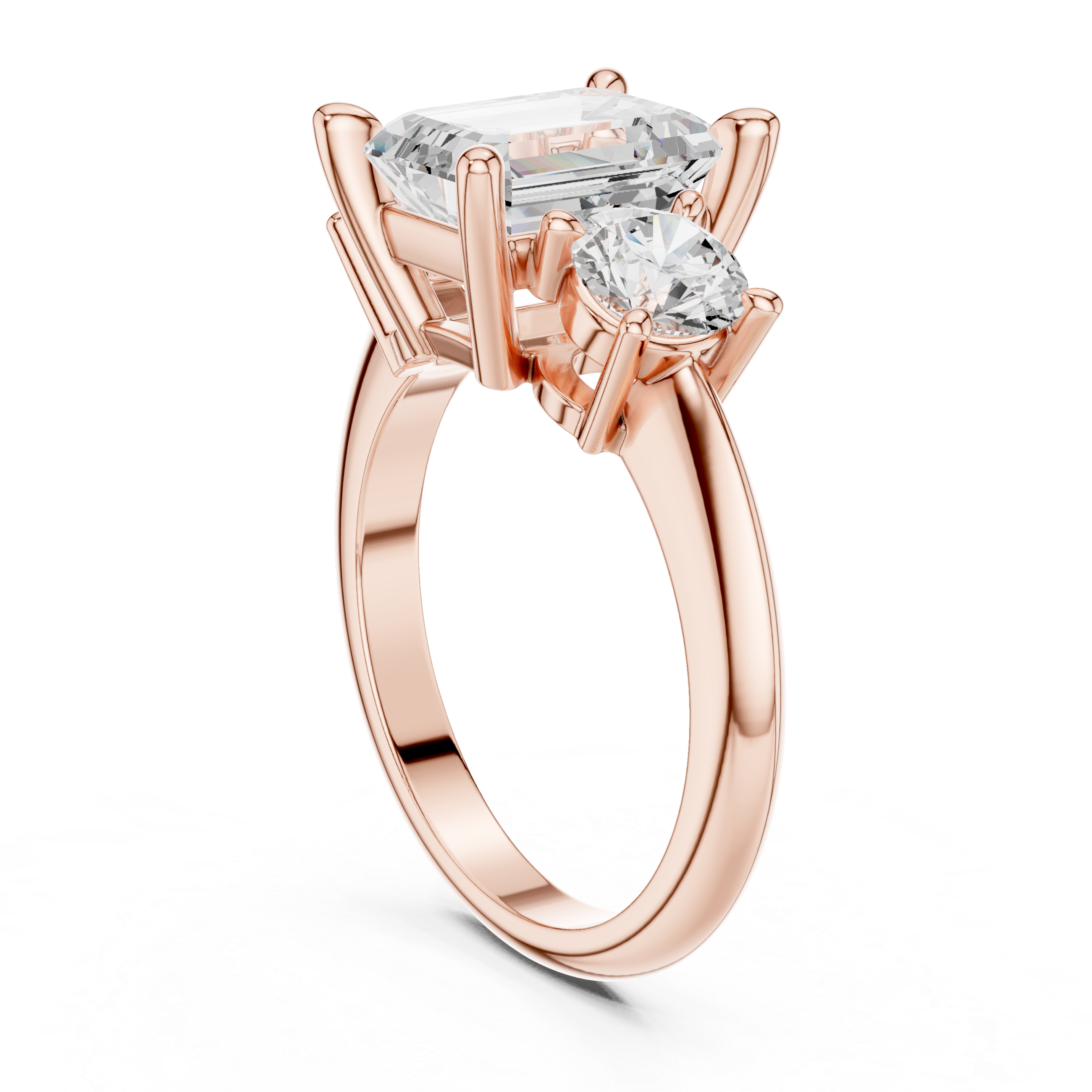 Emerald Cut Three Stone Diamond Engagement Ring with Round Side Stones