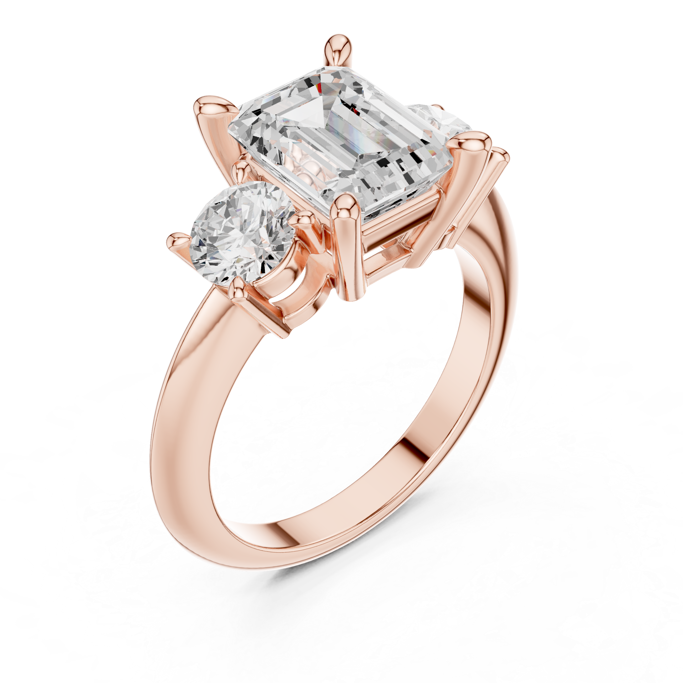 Emerald Cut Three Stone Diamond Engagement Ring with Round Side Stones