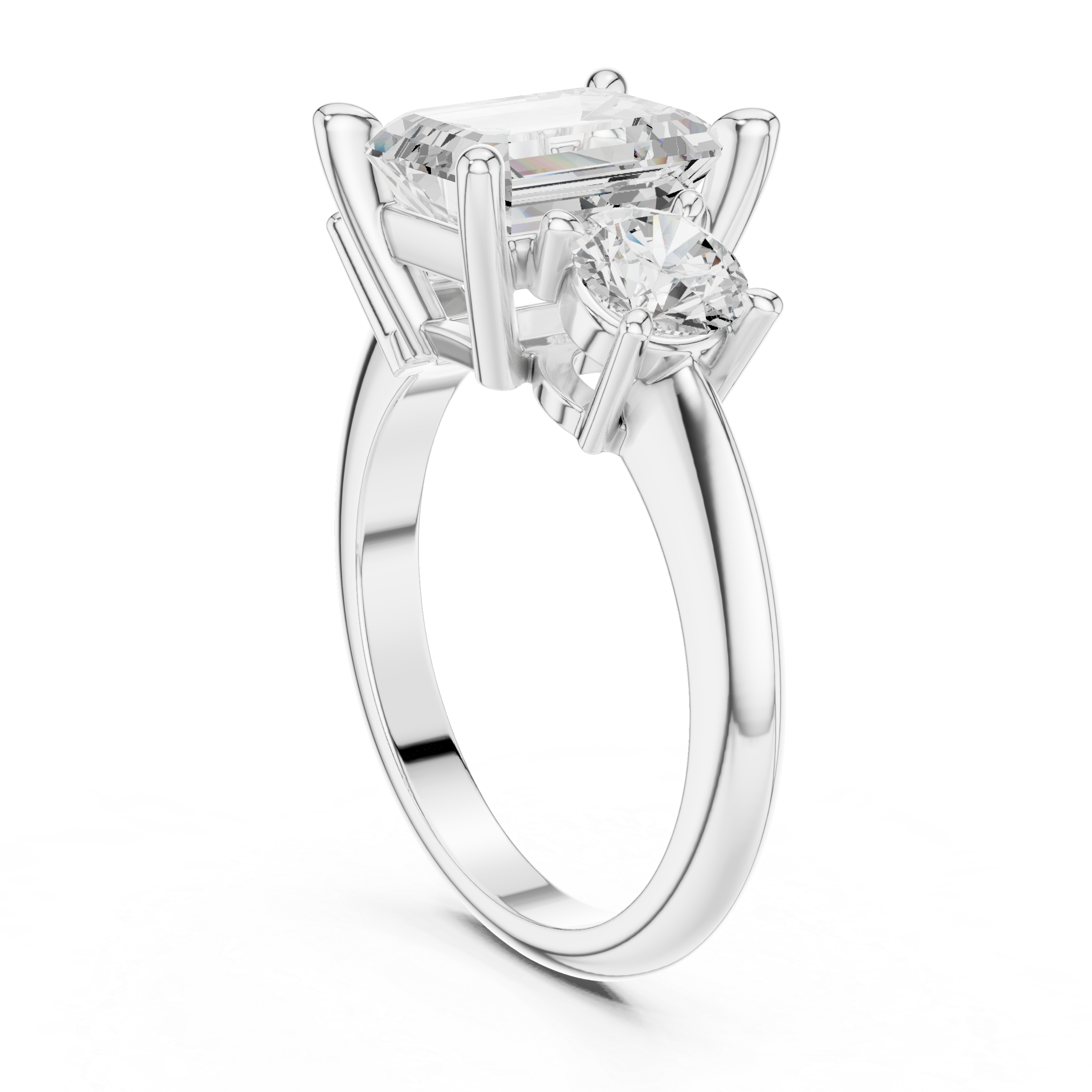 Emerald Cut Three Stone Diamond Engagement Ring with Round Side Stones