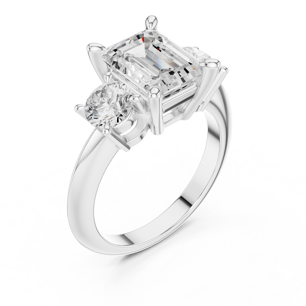 Emerald Cut Three Stone Diamond Engagement Ring with Round Side Stones
